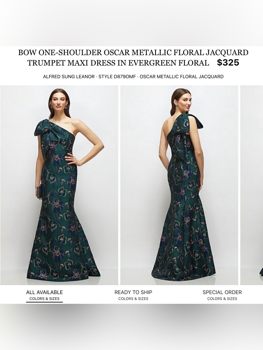 ALFRED SUNG Emerald One-Shoulder Floral Jacquard Trumpet Gown